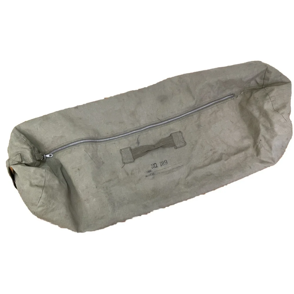 Vintage Canvas Duffel Bag Metal Zipper Side & End Handles No. 189 Stencil 37x11